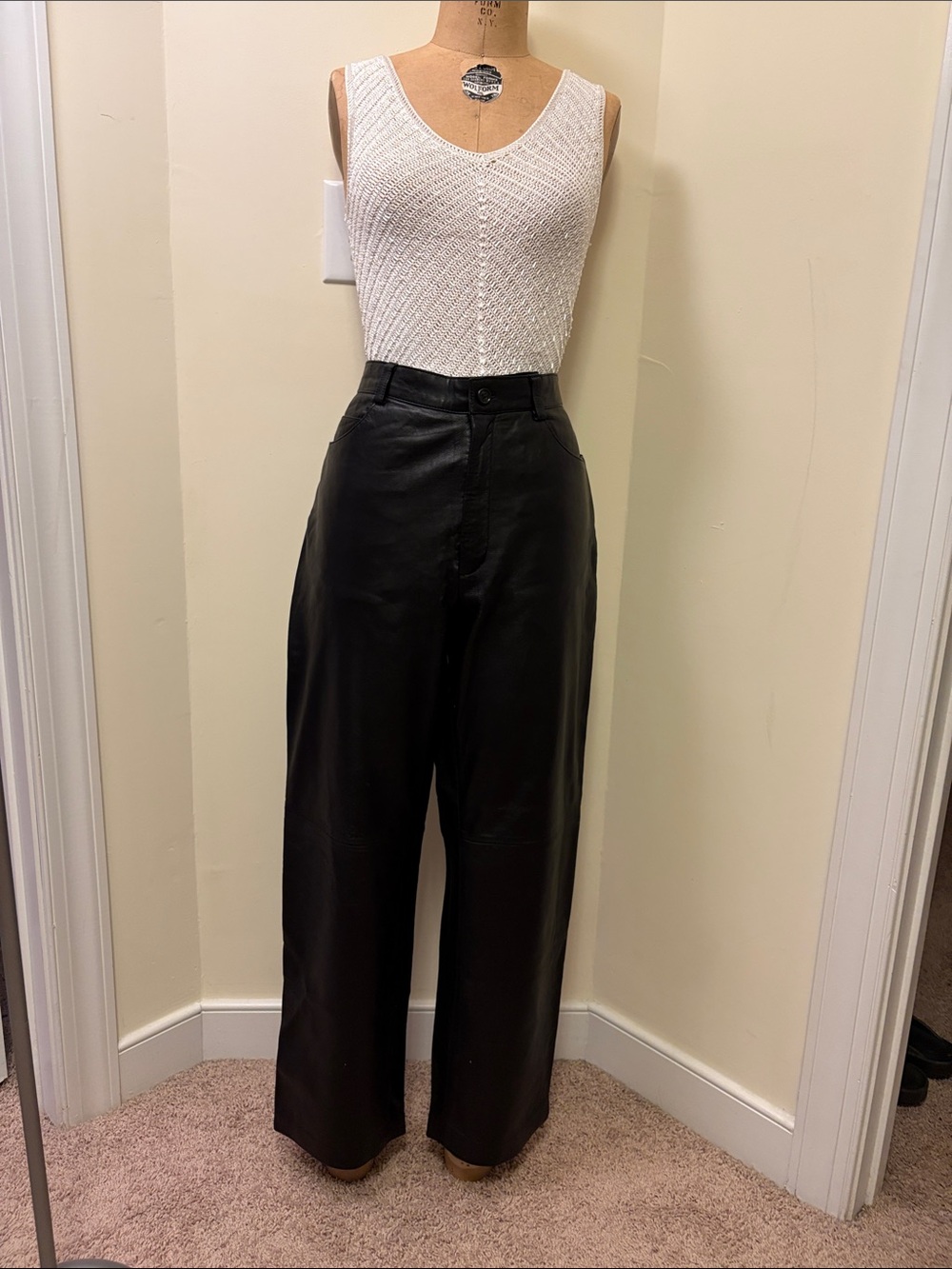 High-Waist Wide-Leg 100% Genuine Leather Pants - Black